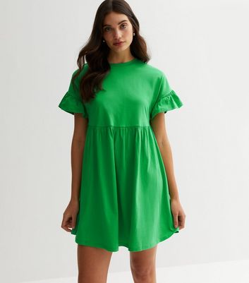 Green Jersey Frill Sleeve Mini Smock Dress