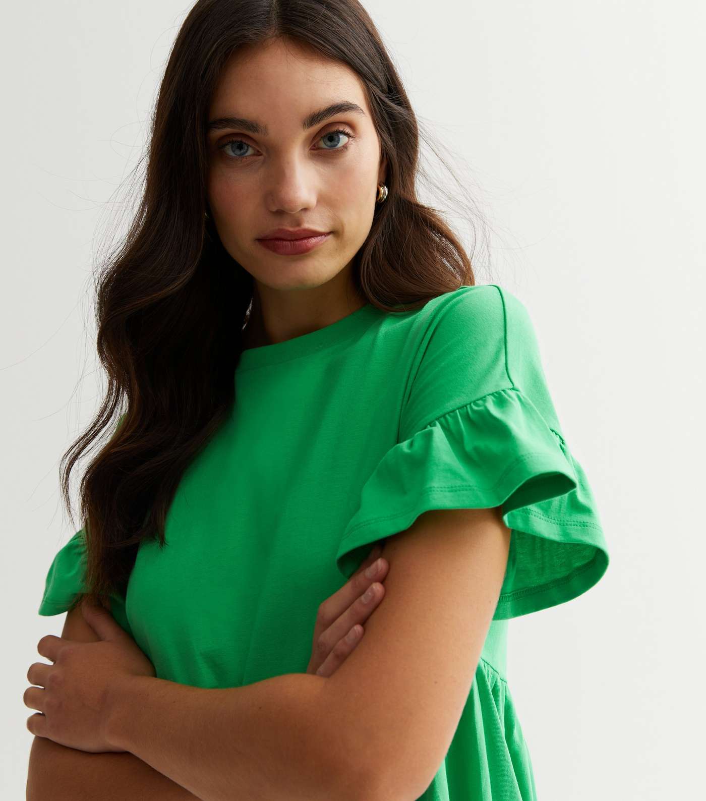 Green Jersey Frill Sleeve Mini Smock Dress Image 2
