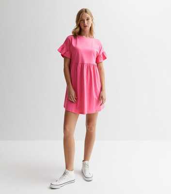 Pink Jersey Frill Sleeve Mini Smock Dress