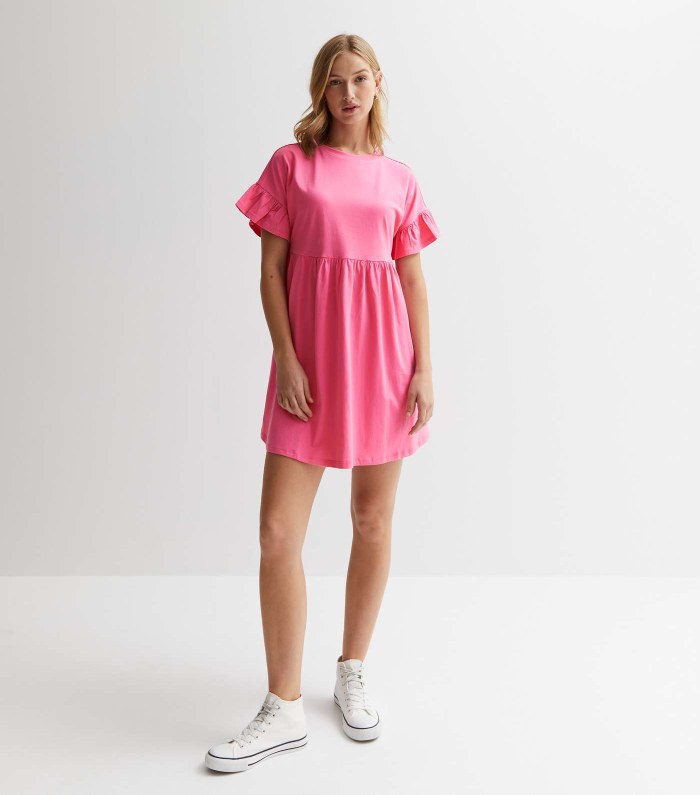 Pink Jersey Frill Sleeve Mini Smock Dress