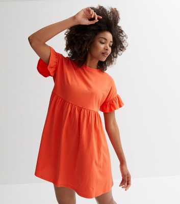 Bright Orange Jersey Frill Sleeve Mini Smock Dress