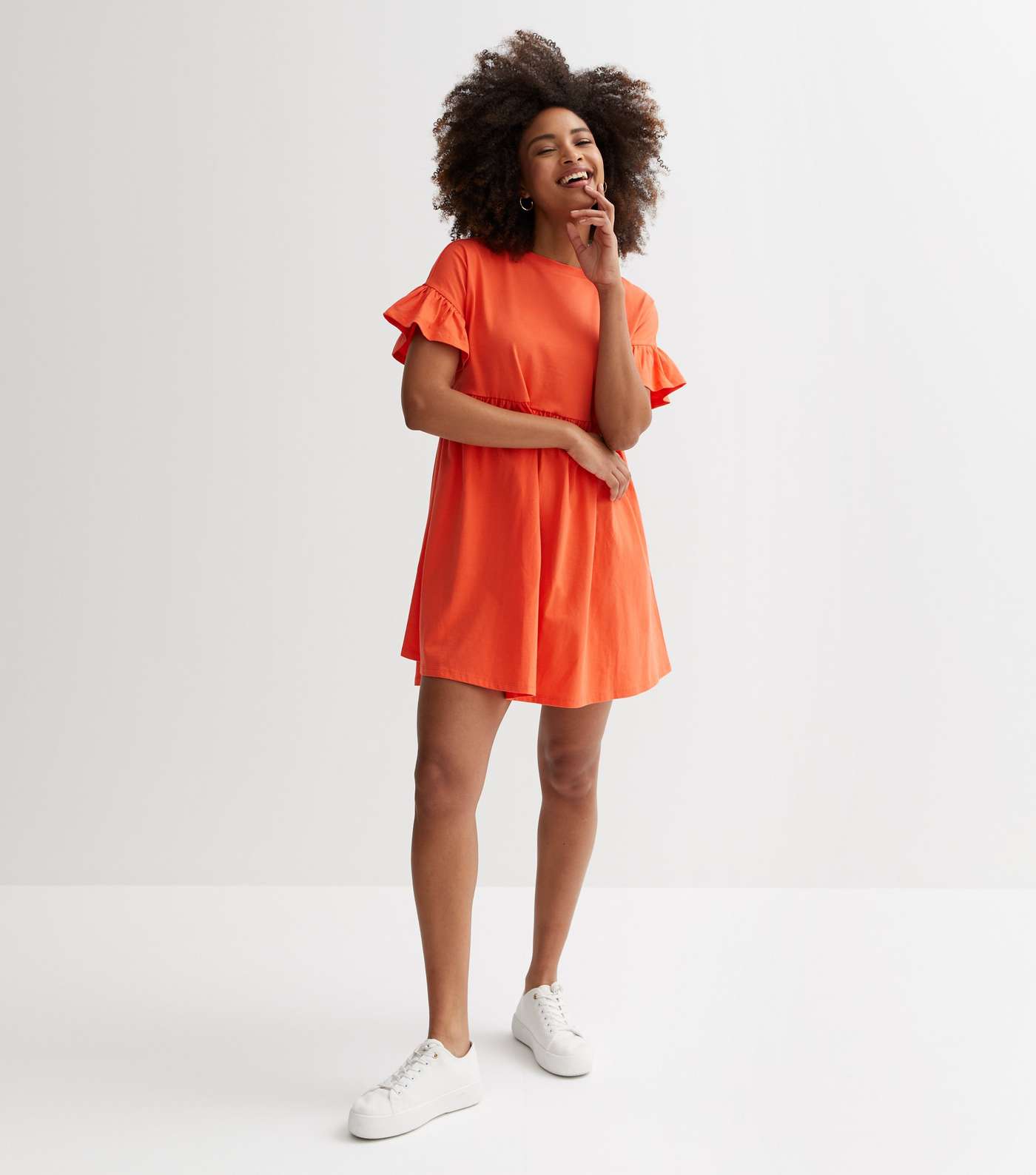 Bright Orange Cotton Frill Sleeve Mini Smock Dress Image 2