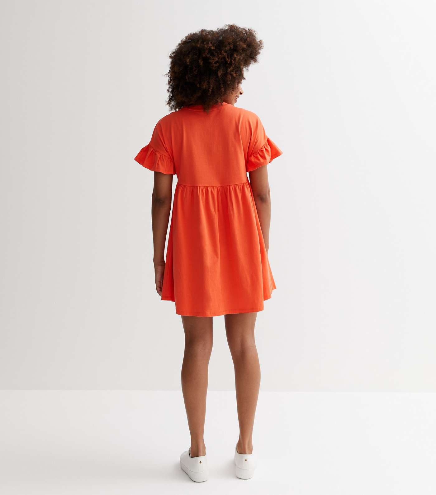 Bright Orange Cotton Frill Sleeve Mini Smock Dress Image 4