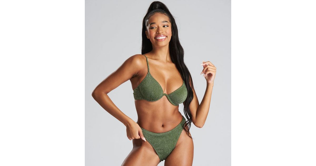 South Beach Green Glitter Bikini Set New Look