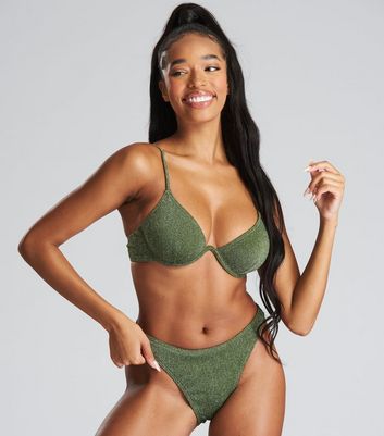 South Beach Green Glitter Bikini Set New Look