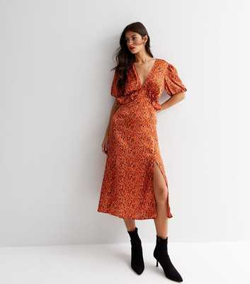 Influence Orange Mark Making V Neck Split Hem Midi Dress