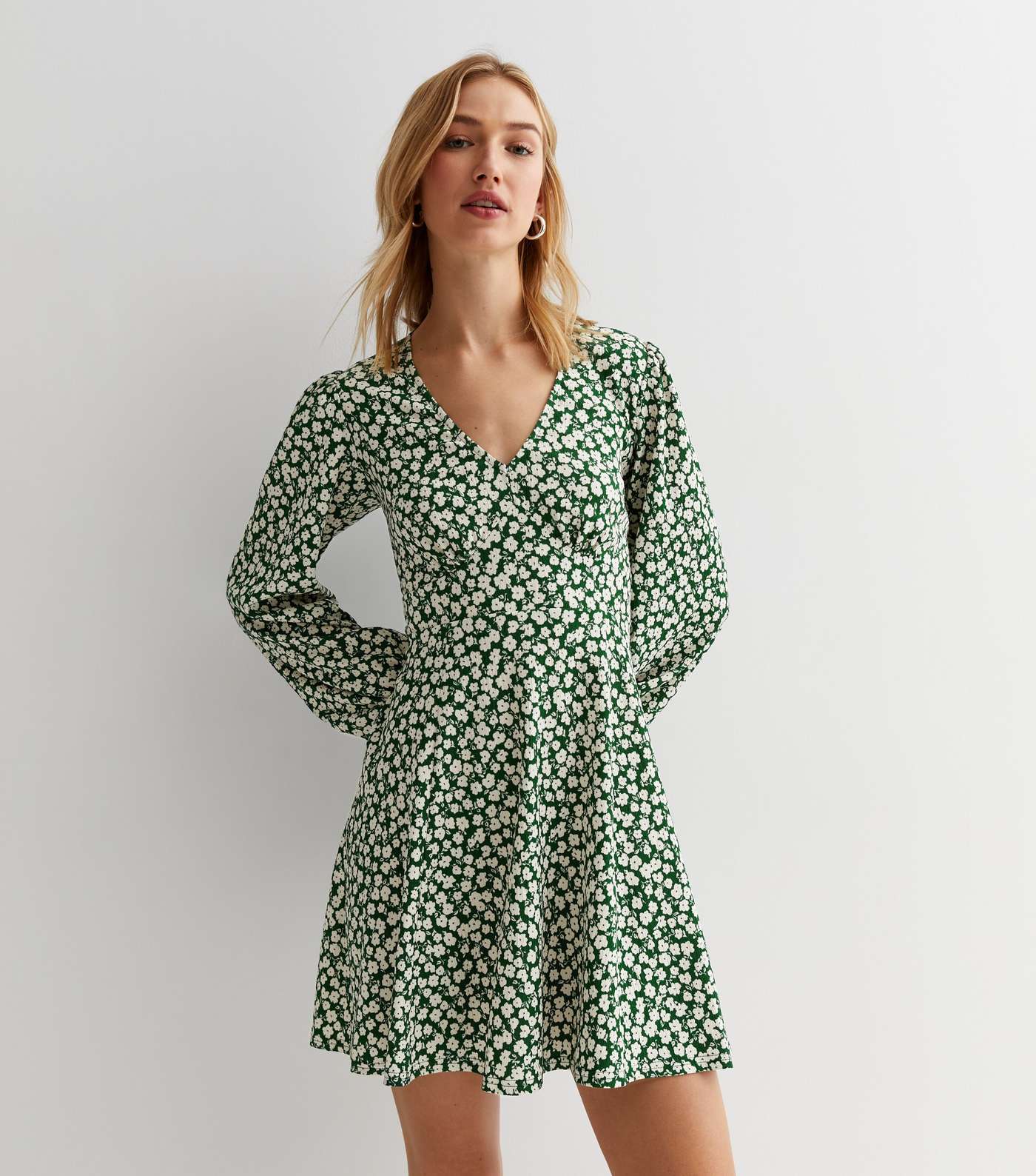 Green Floral Crinkle Jersey V Neck Long Puff Sleeve Mini Dress