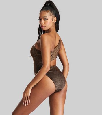 South Beach Dark Brown Metallic Asymmetric Cut Out Swimsuit New Look