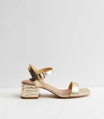 Gold Metallic Faux Croc Low Block Heel Sandals