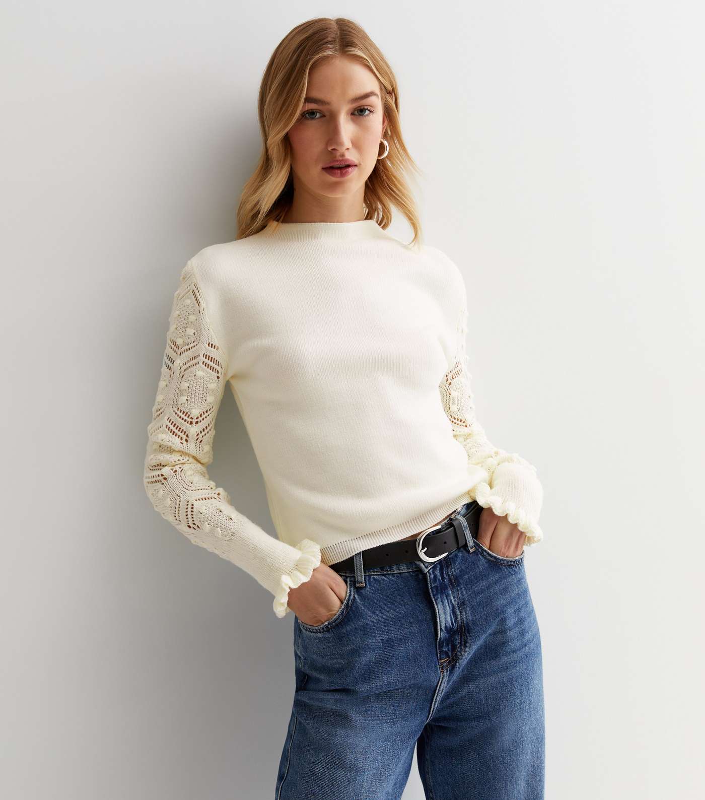Off White Knit Long Crochet Sleeve Top Image 3