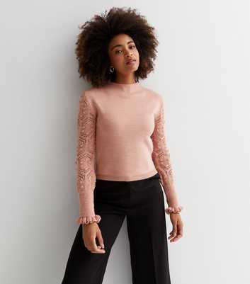 Pink Knit Long Crochet Sleeve Top