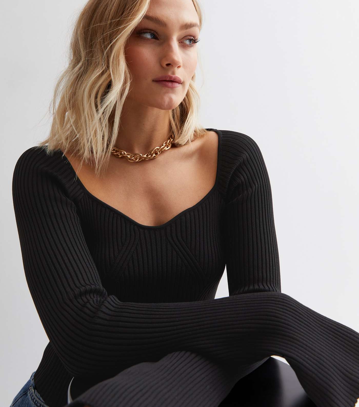 Black Ribbed Knit Flared Sleeve Corset Top