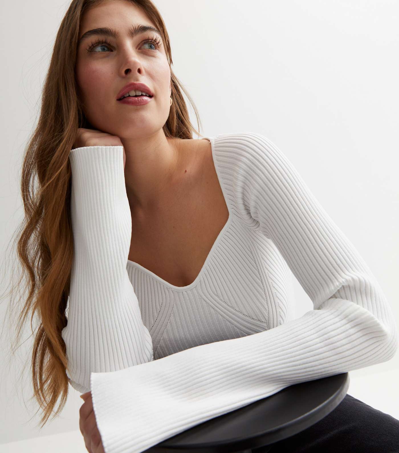 Off White Ribbed Knit Long Flared Sleeve Corset Top