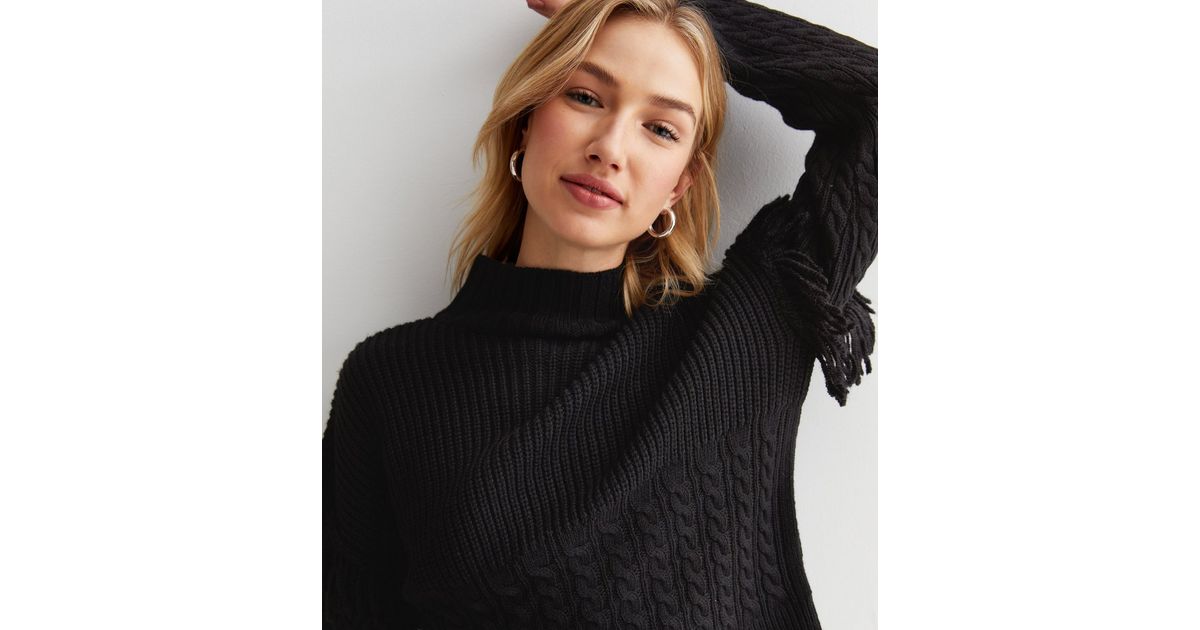 Black Cable Knit High Neck Tassel Sleeve Jumper New Look