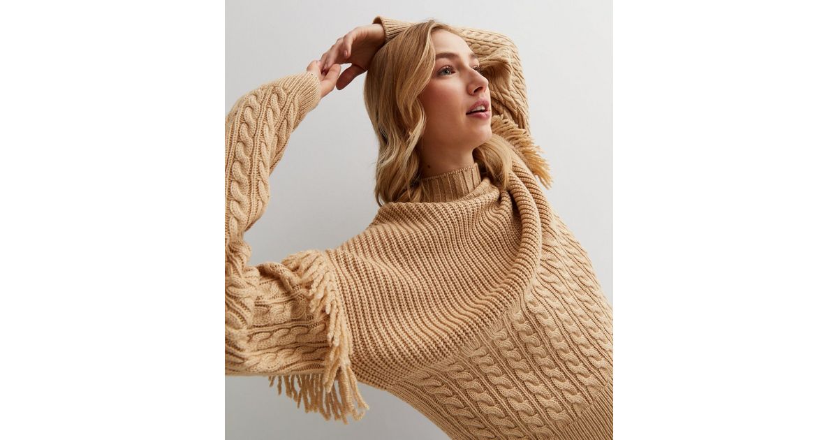 Camel Cable Knit High Neck Tassel Sleeve Jumper New Look
