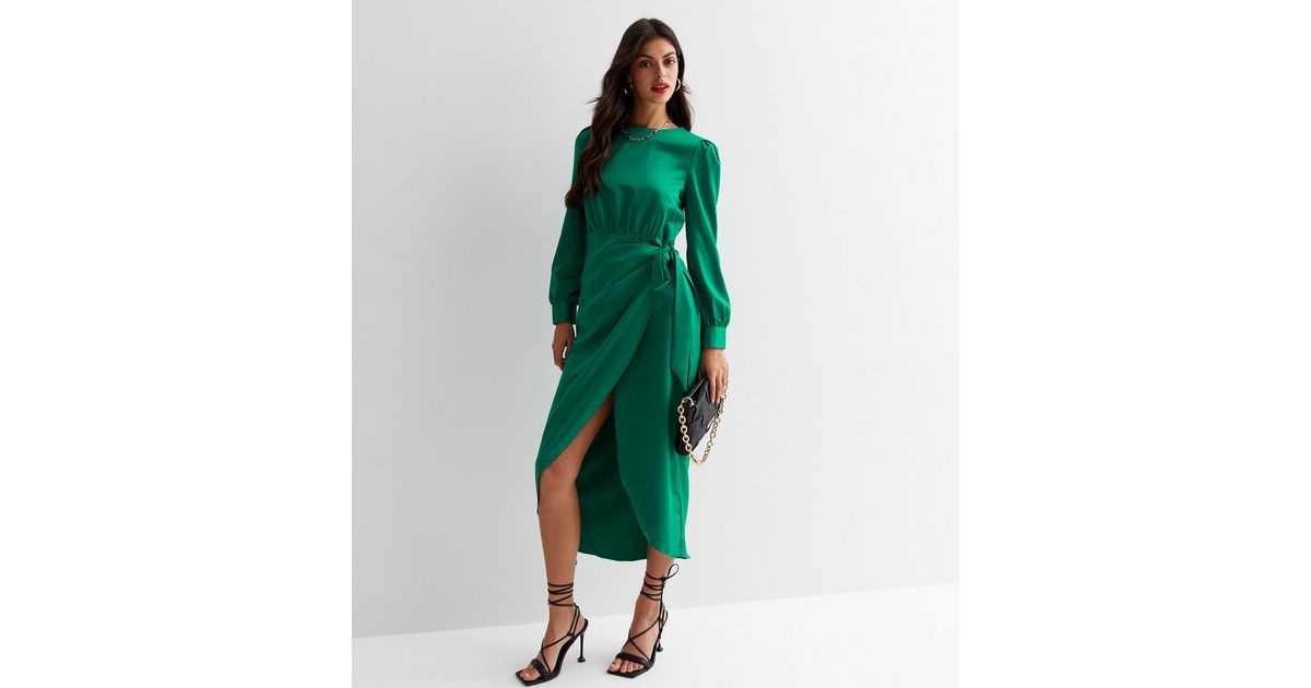 Cameo Rose Dark Green Satin Long Puff Sleeve Midi Wrap Dress