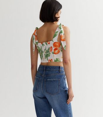 White Floral Orange Print Tie Strap Crop Top | New Look