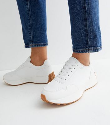 White Leather Look Trim Lace Up Trainers New Look