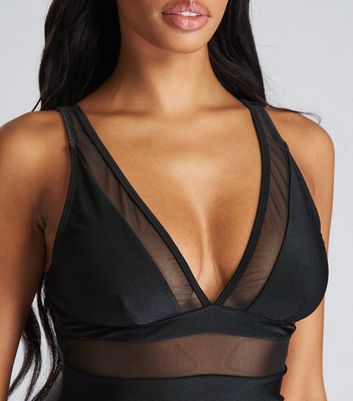 South Beach Black Mesh Plunge Swimsuit New Look