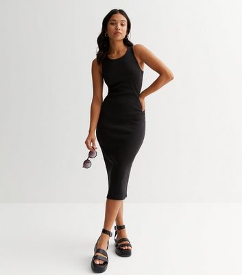 Black ribbed hot sale midi dress