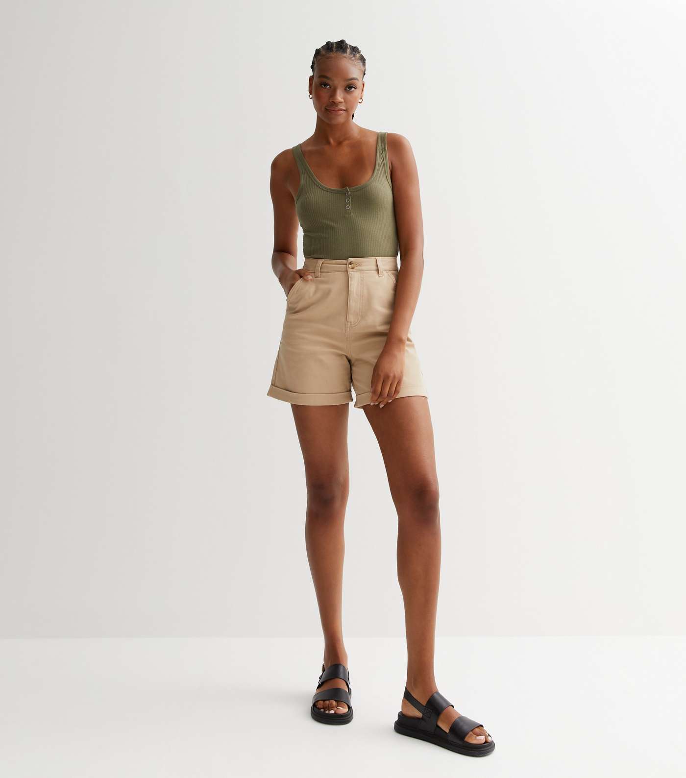 Tall Khaki Ribbed Popper Front Crop Vest Image 2