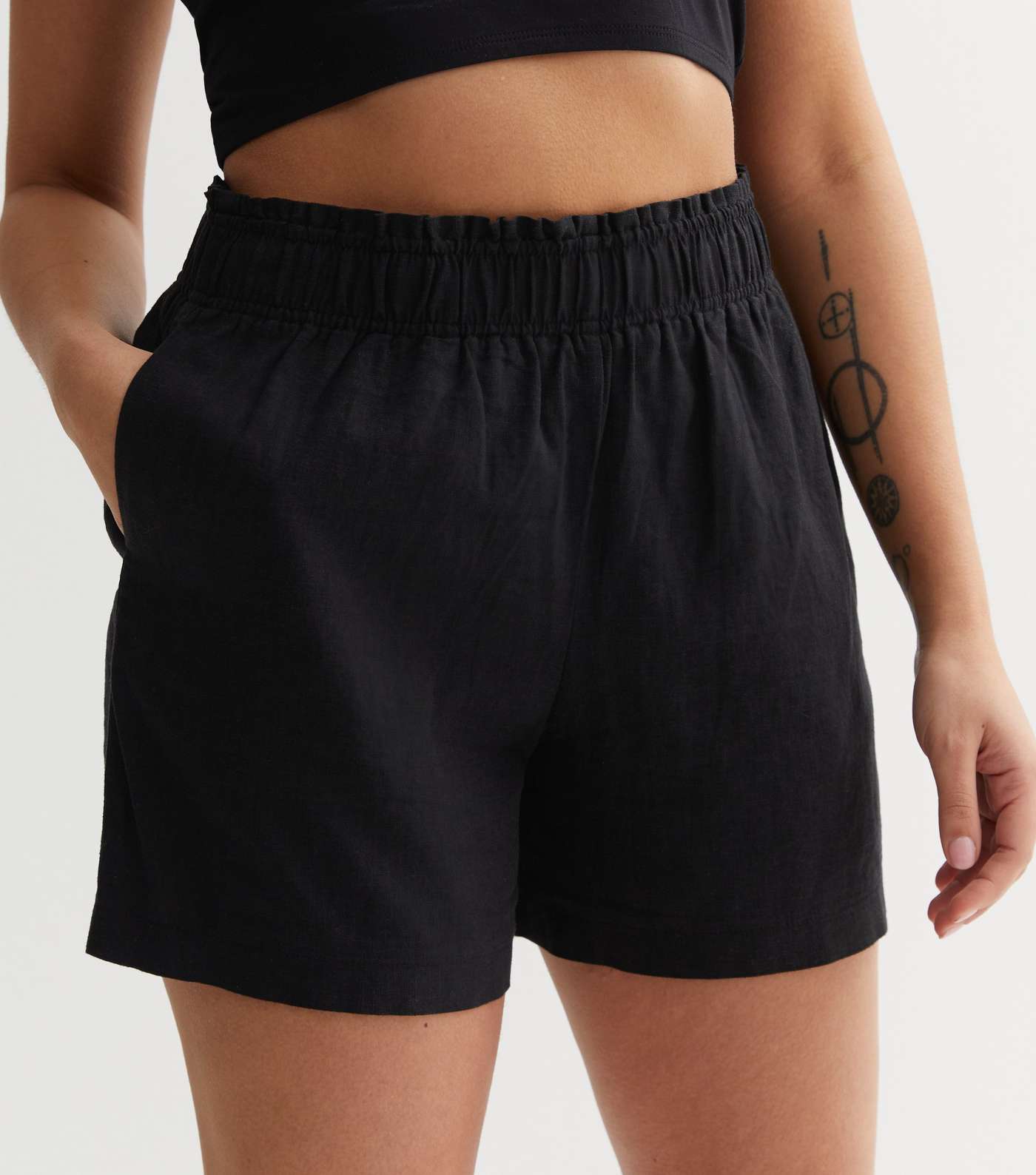 Petite Black Linen Blend High Waist Shorts Image 3
