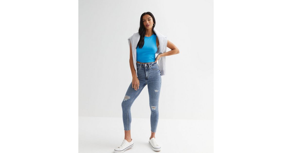 Petite Blue Ripped High Waist Hallie Super Skinny Jeans | New Look