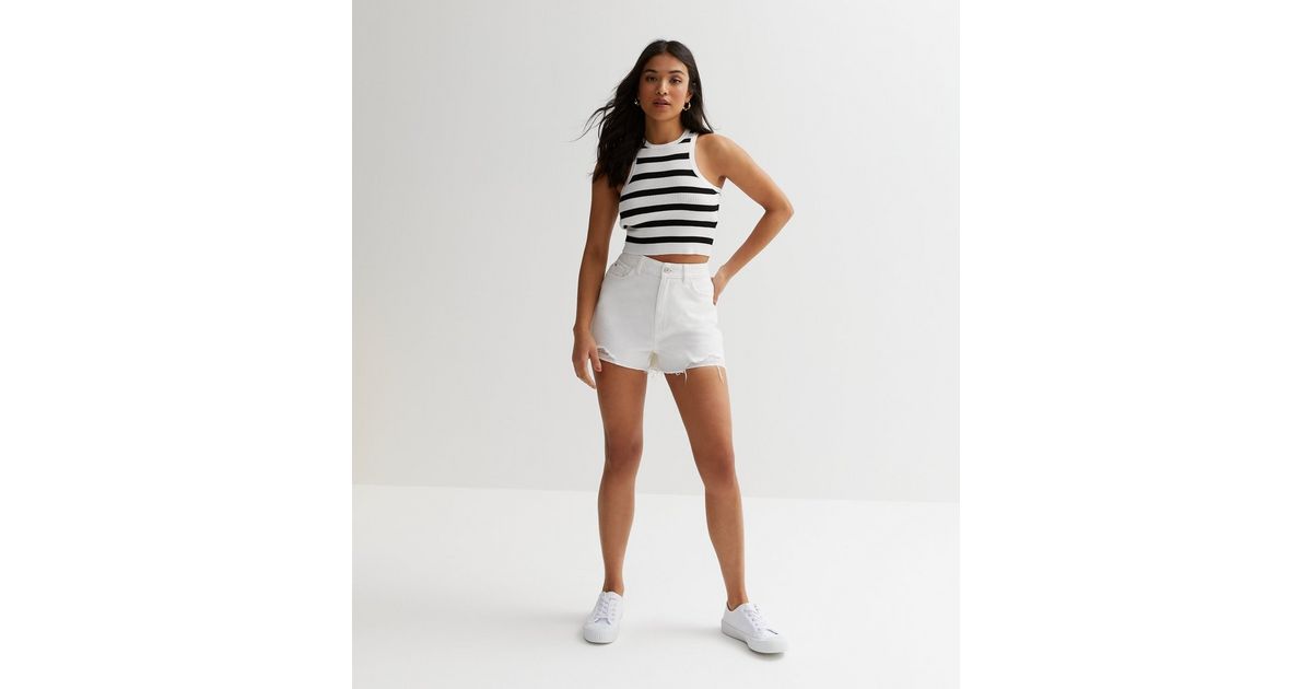 Petite White Denim Extreme Ripped Mom Shorts New Look
