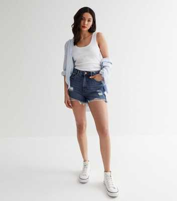 Petite Blue Denim Extreme Ripped Mom Shorts