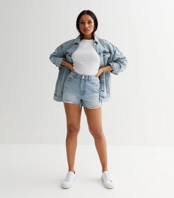 Petite Bright Blue Denim Extreme Ripped Mom Shorts New Look