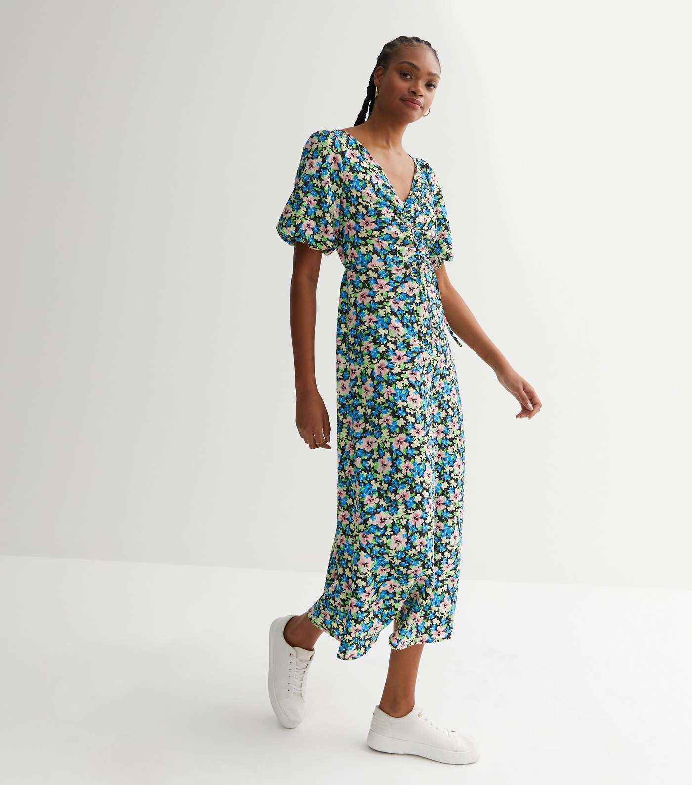 Tall Blue Floral Ruched Tie Front Puff Sleeve Midi Dress