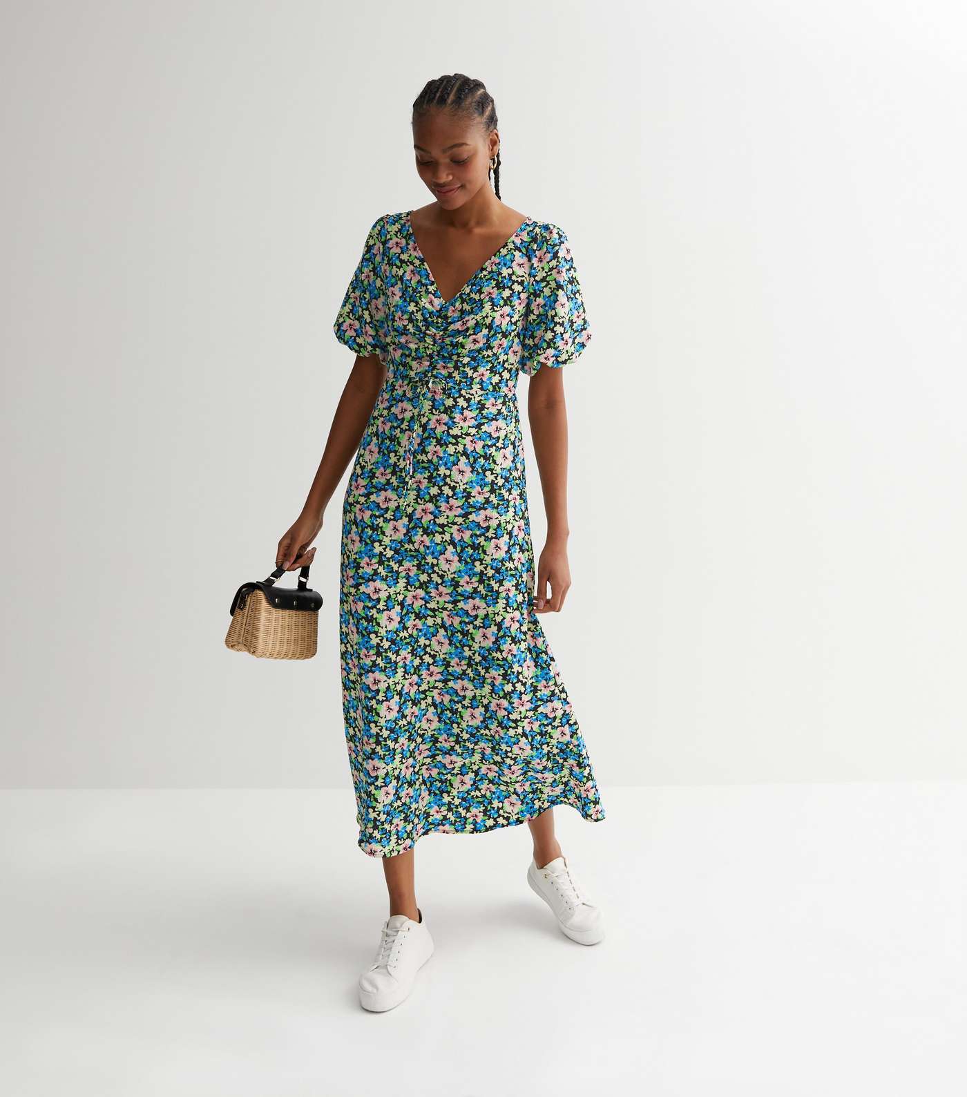 Tall Blue Floral Ruched Tie Front Puff Sleeve Midi Dress Image 3