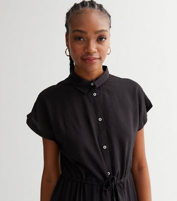 Tall Black Drawstring Button Front Midi Shirt Dress New Look