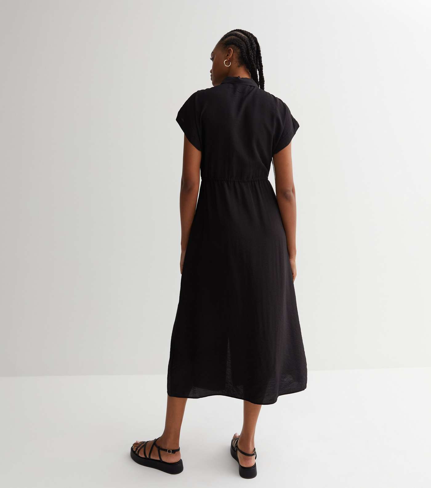 Tall Black Drawstring Button Front Midi Shirt Dress Image 4