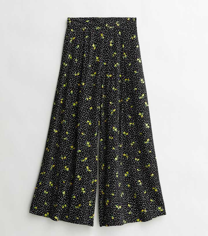 Black Lemon Spot Wide Leg Crop Trousers