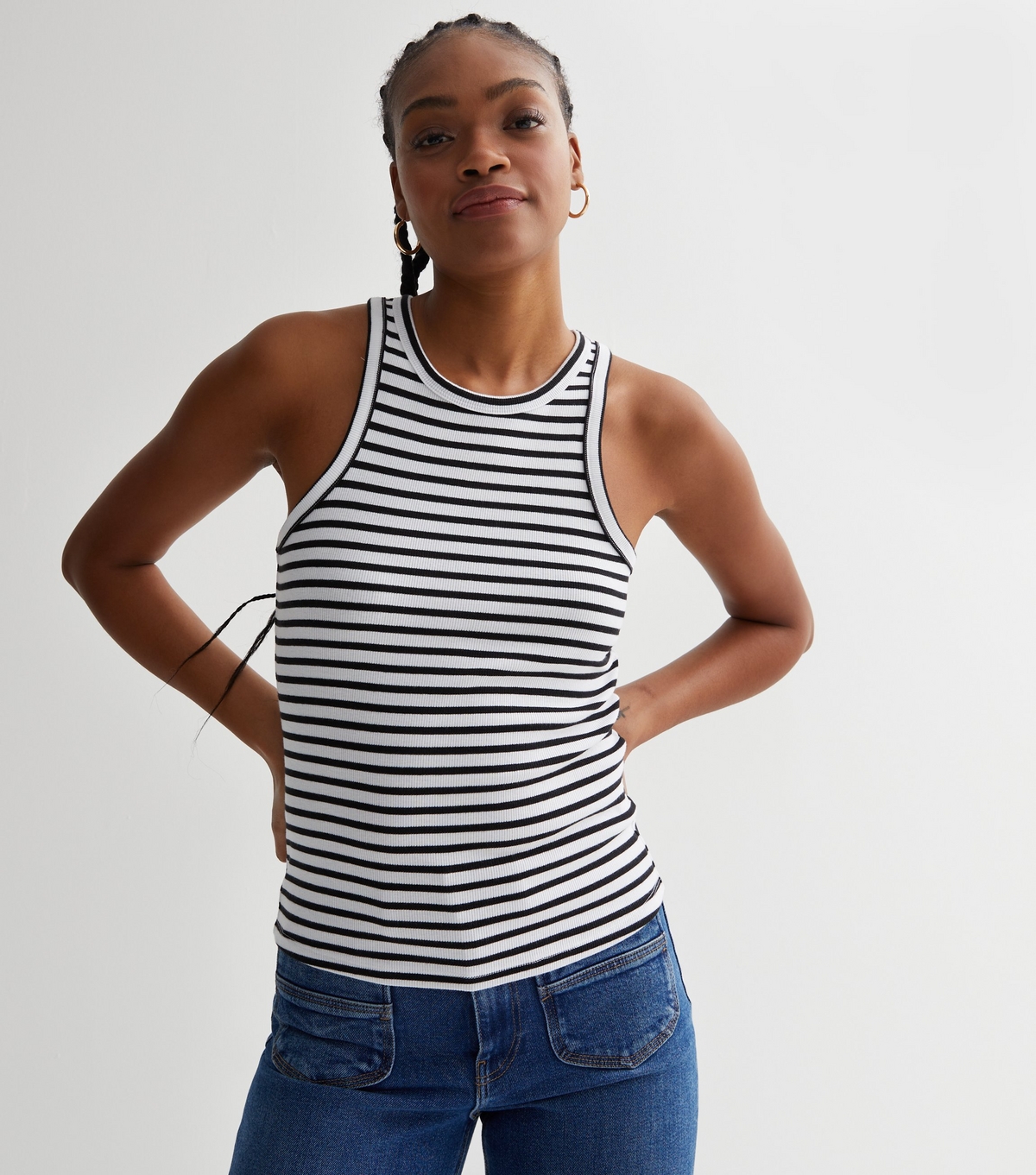 Women's Tall Black Stripe Ribbed Jersey Racer Vest New Look