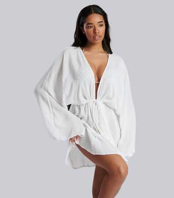 South Beach White Crinkle Plunge Tie Front Kaftan