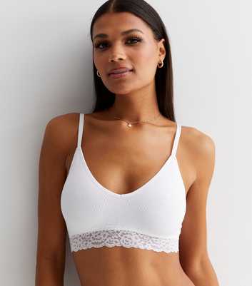 White Floral Lace Trim Ribbed Seamless Crop Top Bra