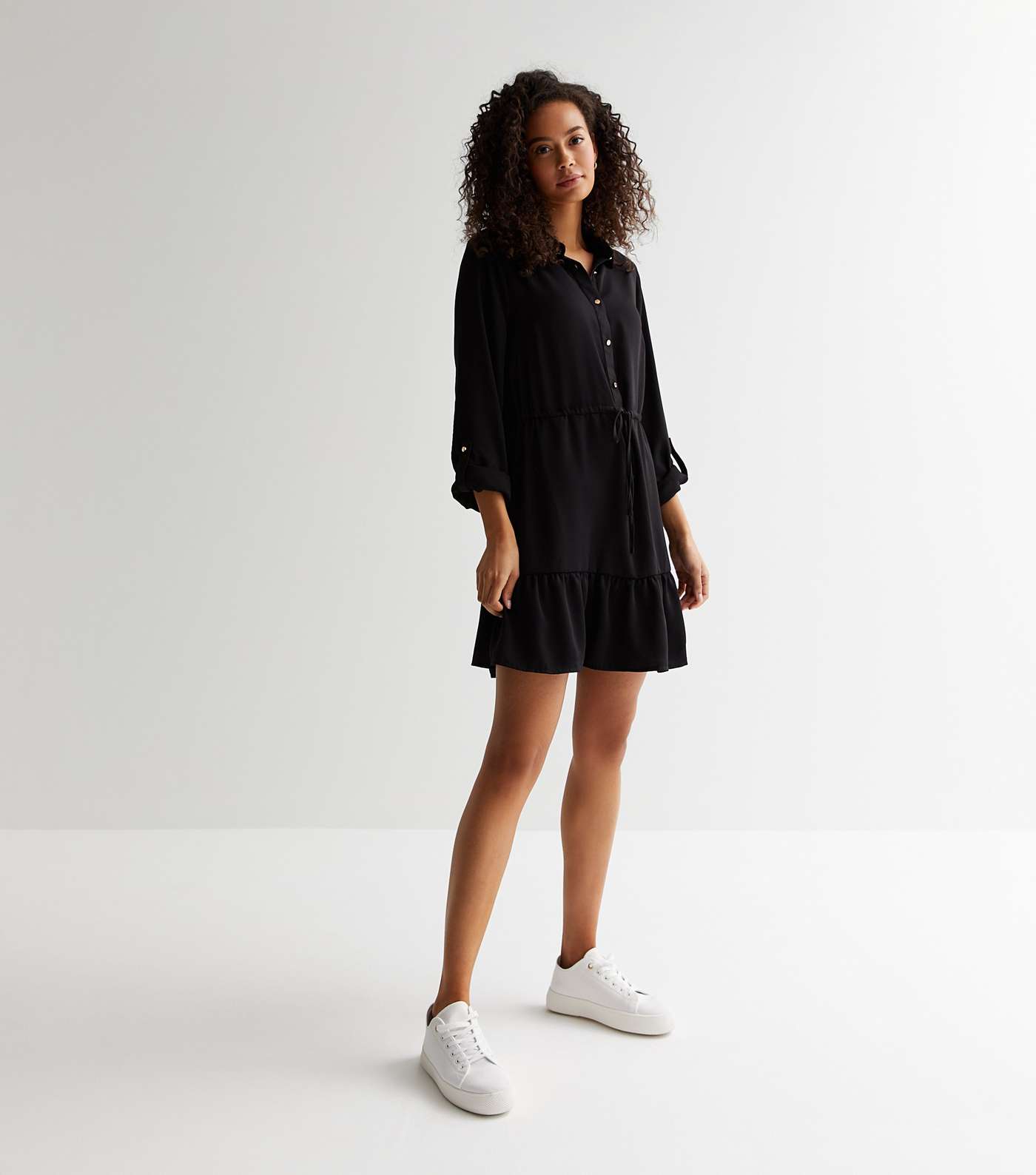Tall Black 3/4 Sleeve Mini Shirt Dress Image 3