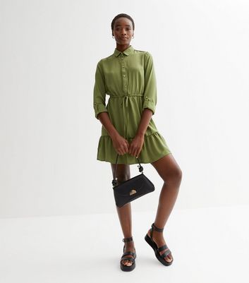 Tall Green 3/4 Sleeve Mini Shirt Dress New Look