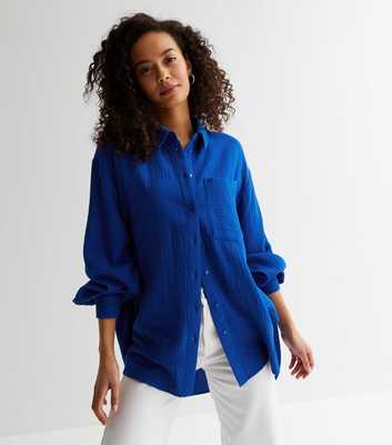 Tall Blue Cheesecloth Pocket Front Oversized Shirt