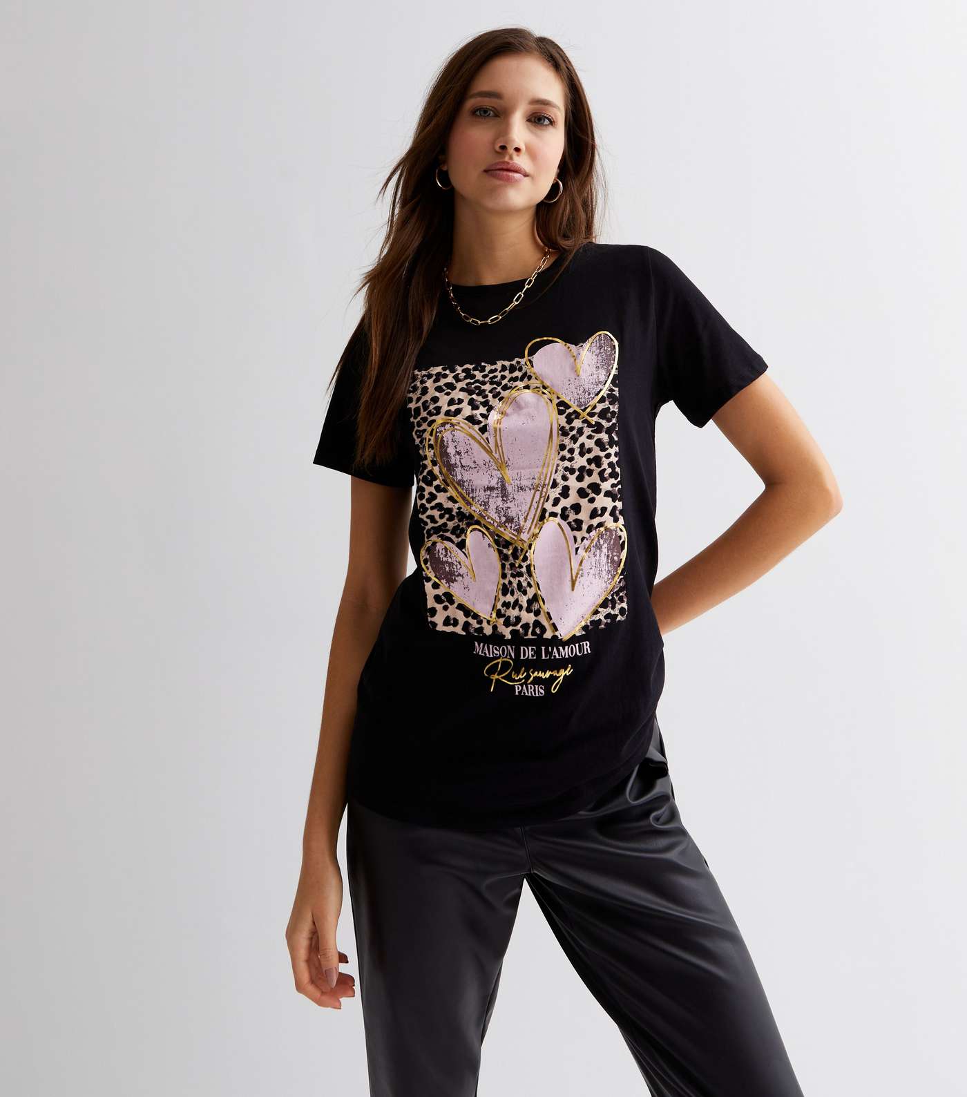 Black Leopard Heart Sketch Crew Neck T Shirt Image 2
