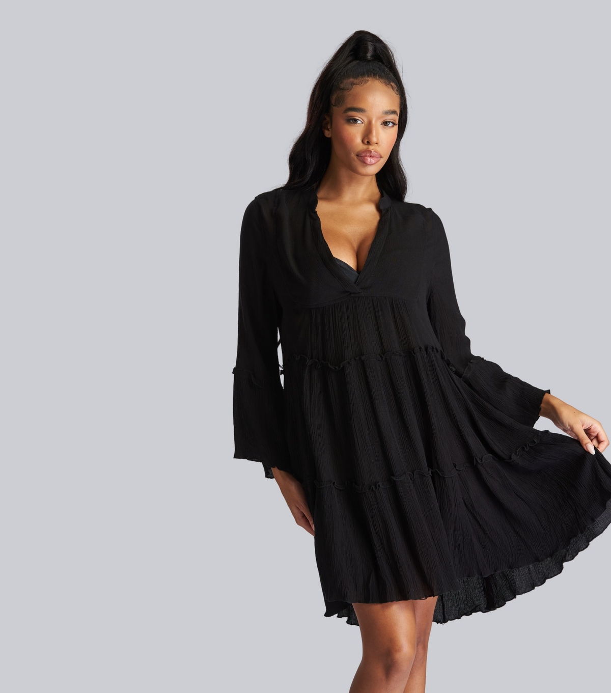 Women's Black Crinkle Frill Tiered Mini Dress South Beach New Look