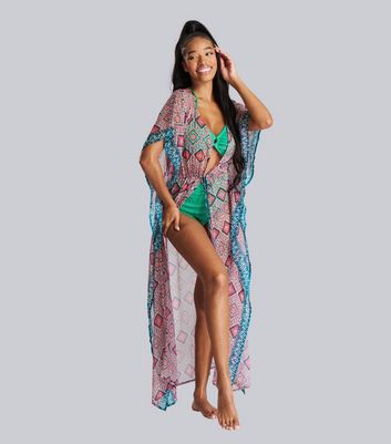 South Beach Pink Geometric Chiffon Beach Kaftan New Look