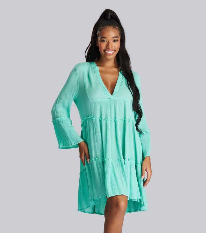 South Beach Mint Green Crinkle Tiered Mini Dress