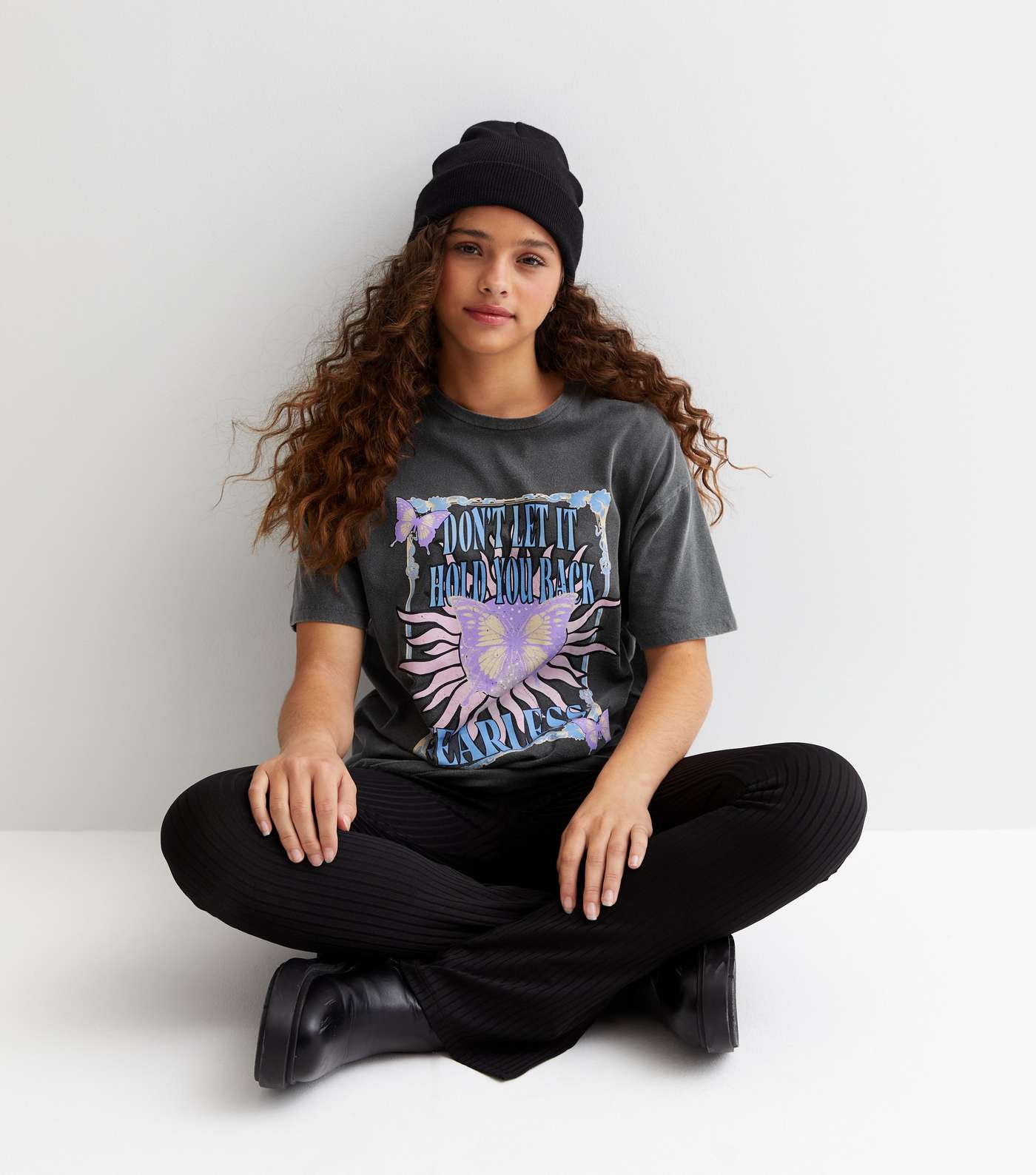 Girls Dark Grey Acid Wash Fearless Logo Oversized T-Shirt