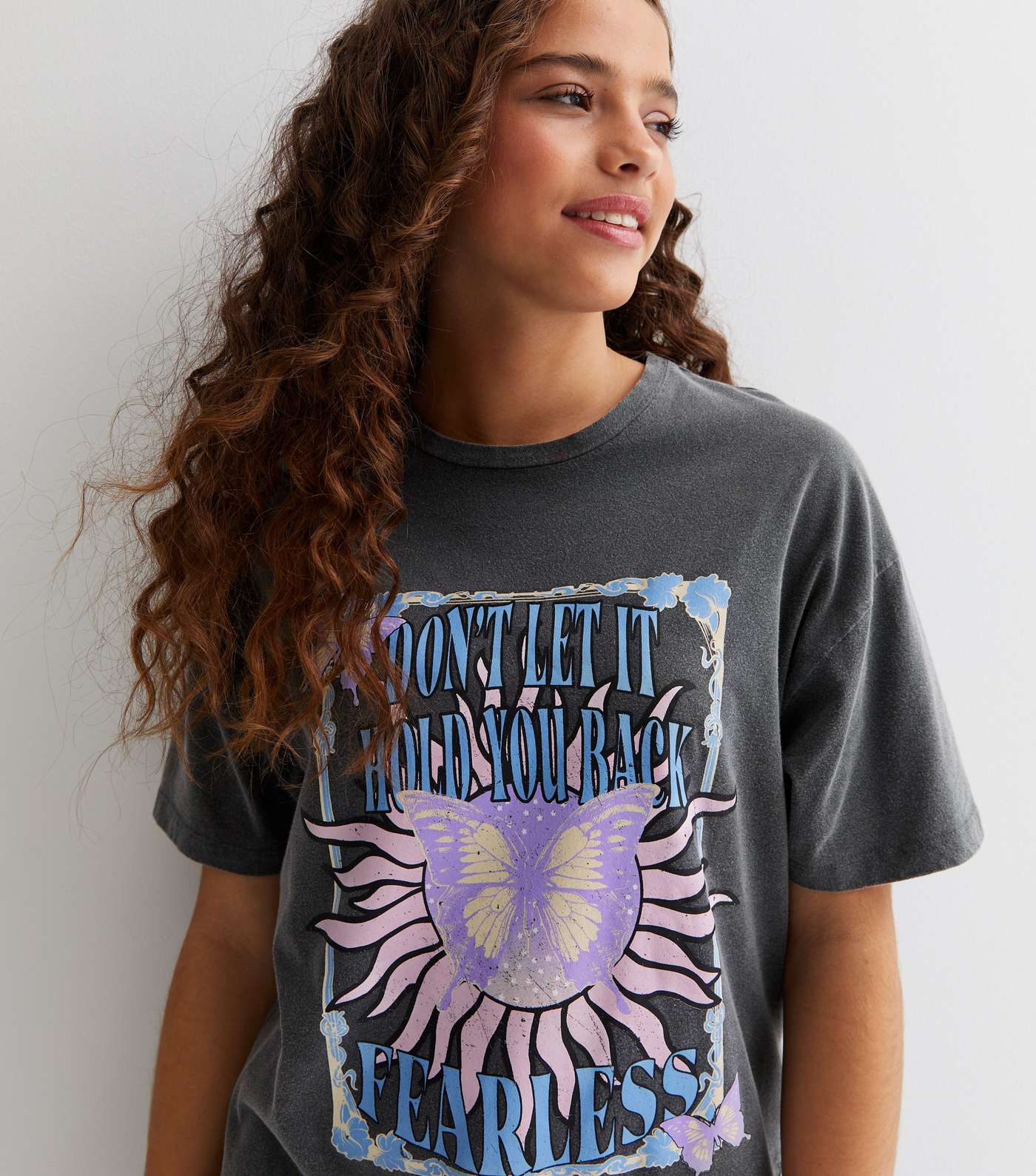 Girls Dark Grey Acid Wash Fearless Logo Oversized T-Shirt Image 3
