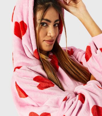 Skinnydip Pink Heart Fleece Oversized Blanket Hoodie New Look