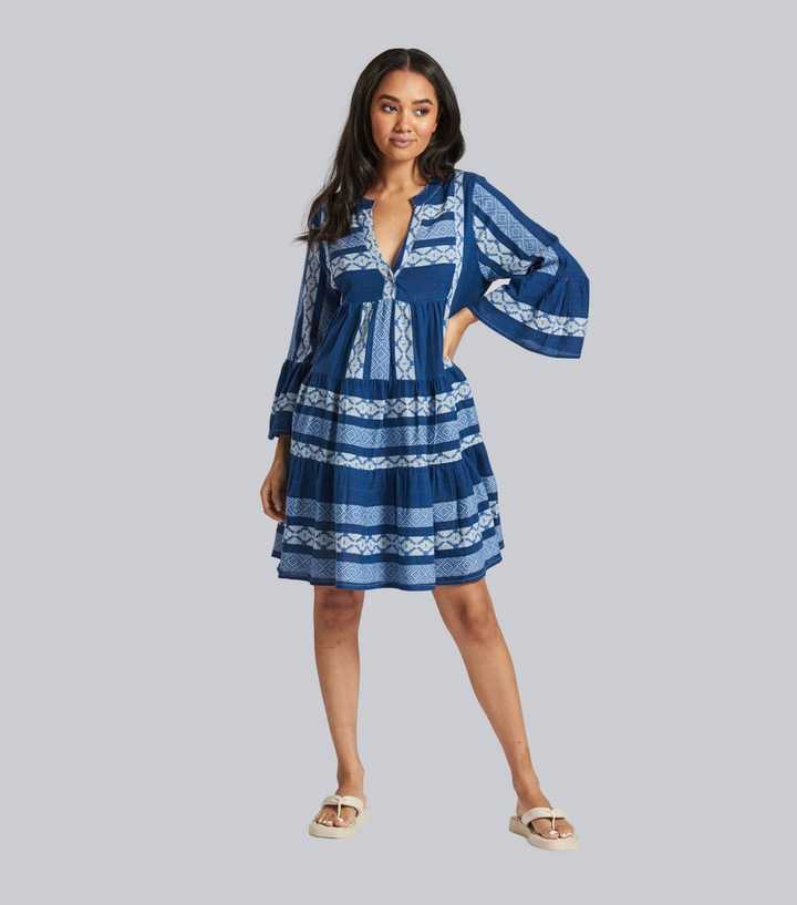 South Beach Blue Geometric Jacquard Mini Beach Dress