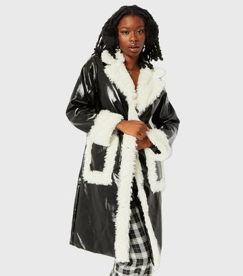 Skinnydip Black Patent Leather Look Faux Fur Trim Long Coat New Look